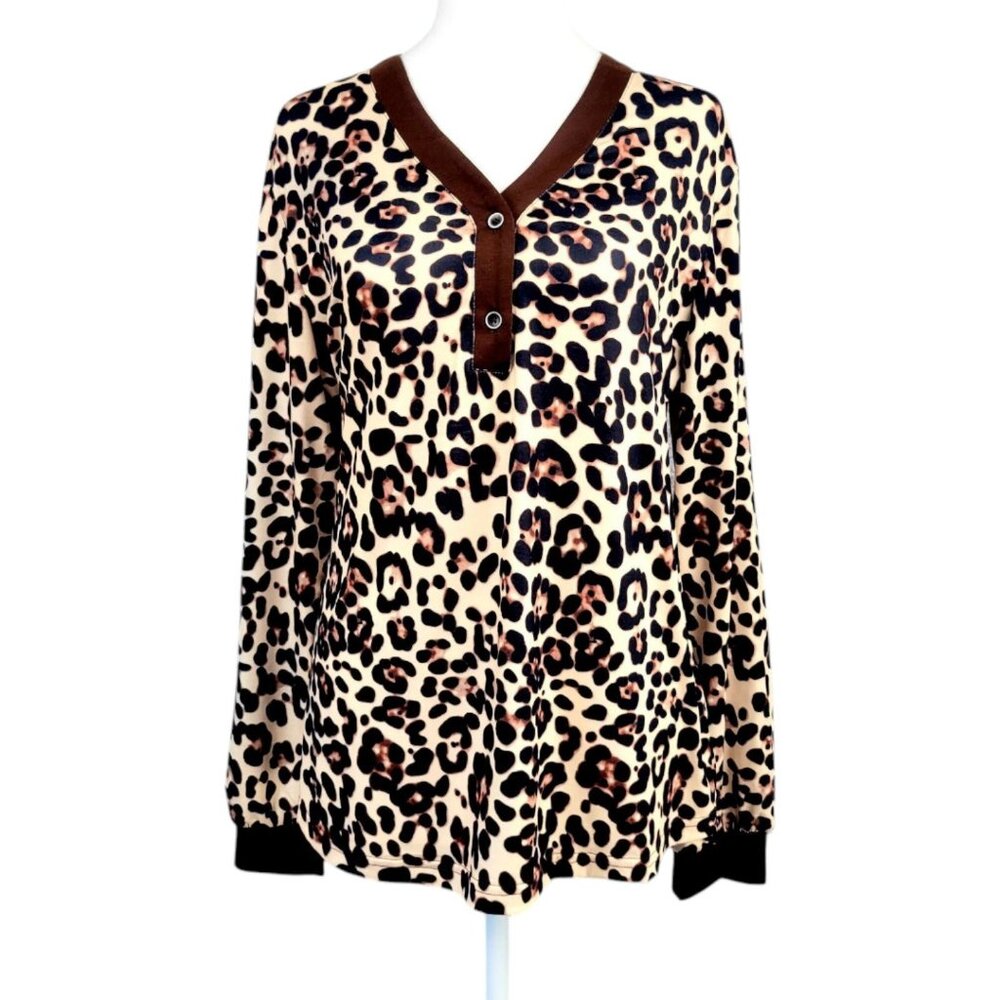 Women's (L/XL) Stylish Leopard Print V-Neck Henley Top - Long Sleeve & Comfy Fit